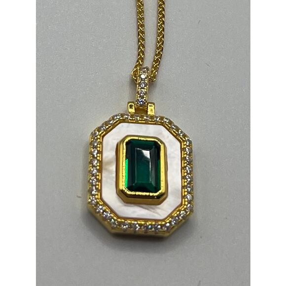 Emerald, Mother Of Pearl, and CZ Halo Pendant 18” 14k Gold/SS - Picture 6 of 7
